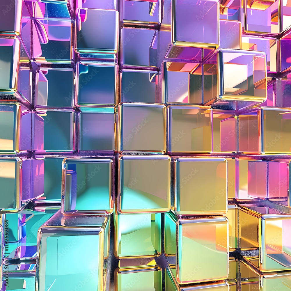 Poster Abstract composition of metallic cubes in various vibrant colors, creating a geometric pattern with light reflections.

