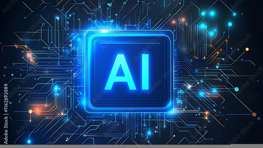 Poster ai microchip glowing on circuit board.