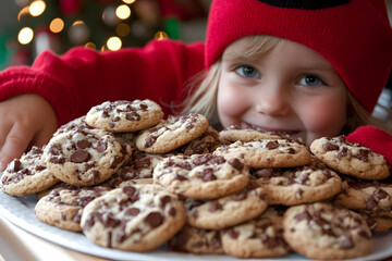 A happy child in a red hat peeks over a plate piled high with delicious, warm chocolate chip cookies, perfect for holiday baking imagery.