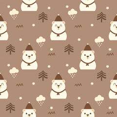 Polar bear cartoon so cute. On tree cloud snow brown background. Pattern seamless vector illustration. 

