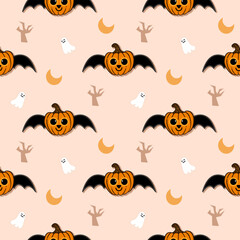 Fototapeta premium Pumpkin fly cartoon so cute. On tree moon ghost background. Pattern seamless vector illustration. 