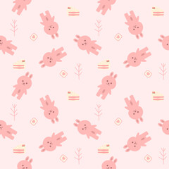 Rabbit pink cartoon so cute. On cake strawberry heart pink background. Pattern seamless vector illustration. 