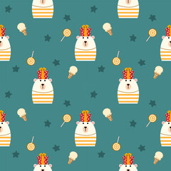 Polar bear and gift cartoon so cute. On lollipop ice cream star green background. Pattern seamless vector illustration. 
