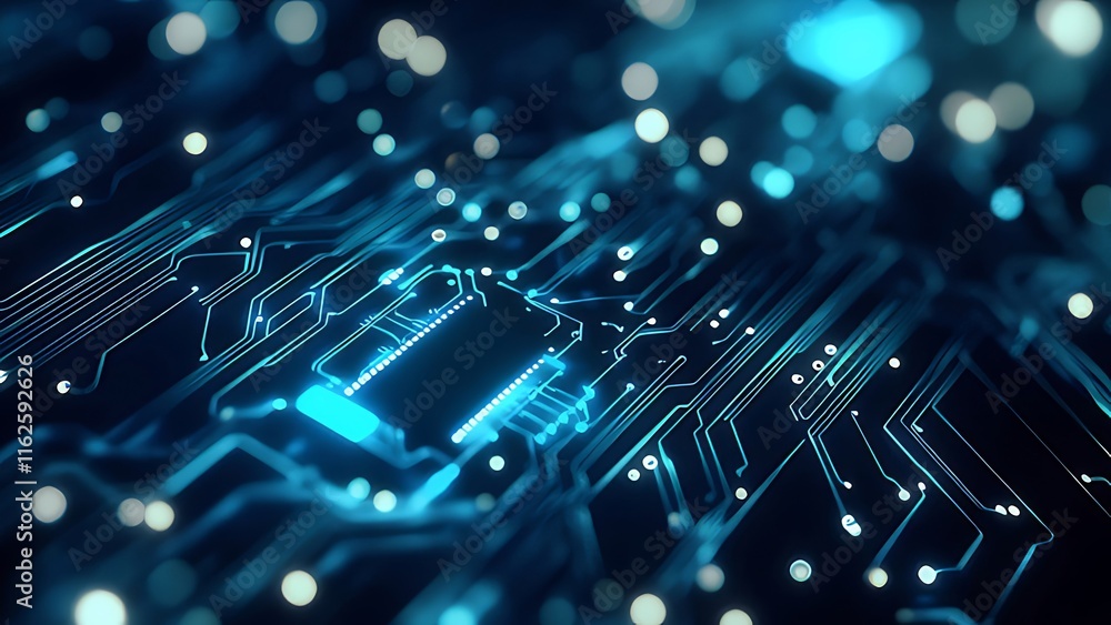Poster close-up of glowing blue circuit board with central processor.