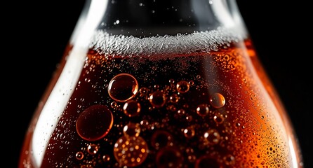 The sparkling bubbles of soda rise in a glass of chilled cola