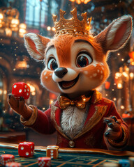 A well-dressed anthropomorphic Elk wearing a red suit and a golden crown is standing at a casino table. He is enthusiastically throwing red dice, smiling widely.