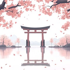 Serene Tranquility A Japanese Torii Gate Reflecting in a Calm Lake Surrounded by Cherry Blossoms.