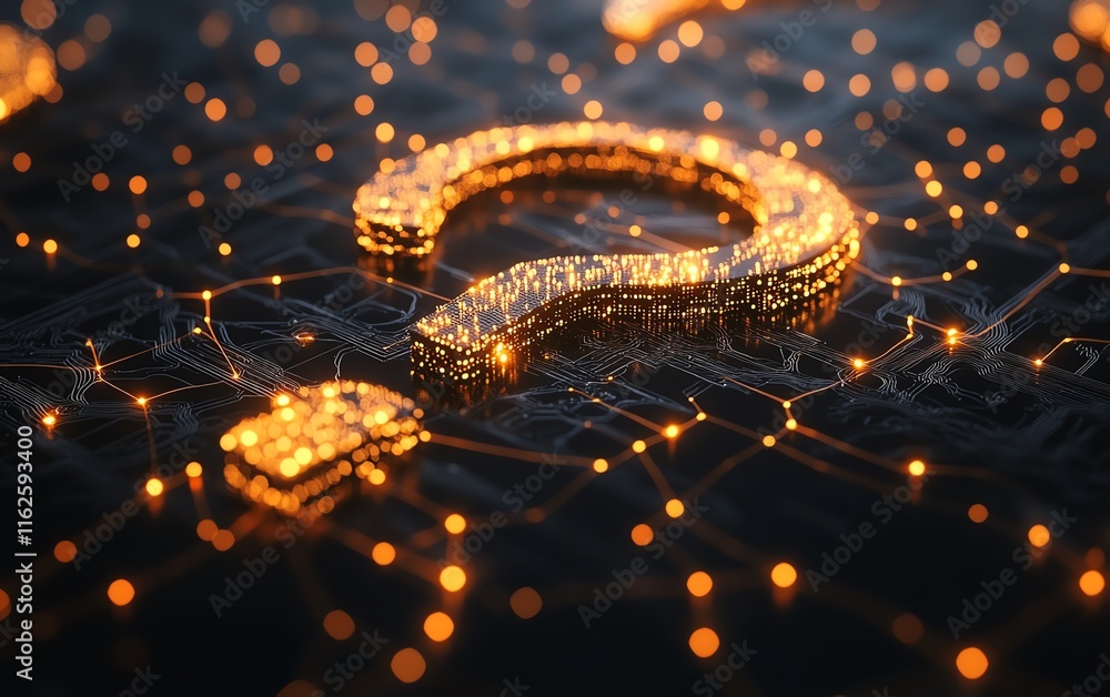 Poster a sophisticated 3d design of a question mark network, featuring illuminated nodes and dynamic connec
