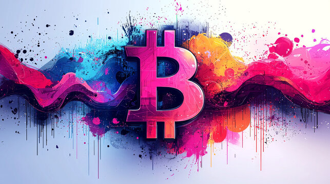 design features striking Bitcoin symbol crafted vibrant spray paint colors clean white background. Urban influences like graffiti tags and splatters add depth.