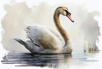 swan in water., watercolor painting  