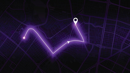purple neon GPS road map of Bogota with the arrow that moves to the point of destination