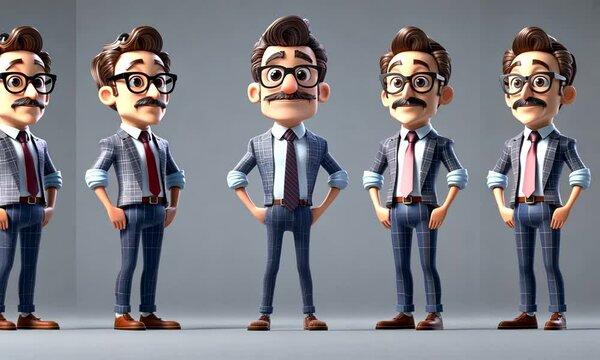 Cartoon Character Collection Featuring a Stylish Male with Glasses and Unique Hair in Various Poses Ideal for Creative Projects, Illustrations, and Design Works