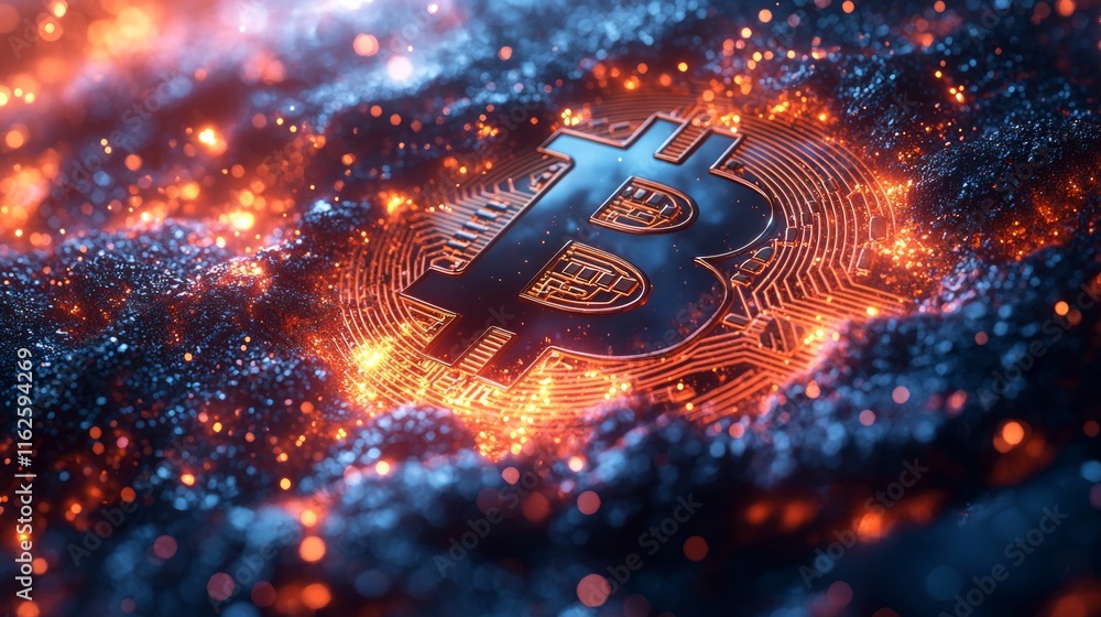 Poster symbol bitcoin floats serene space crafted energy and light. surrounding elements enhance magical qu