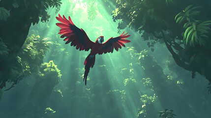 Majestic scarlet macaw in flight through a sun-dappled rainforest, vibrant green foliage, digital illustration.