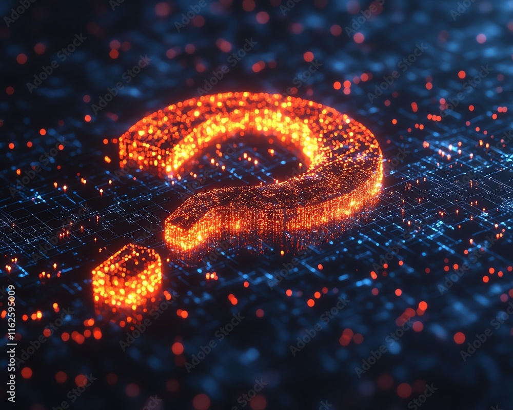 Poster a vibrant 3d network illustration of a glowing question mark, with lines and nodes radiating outward