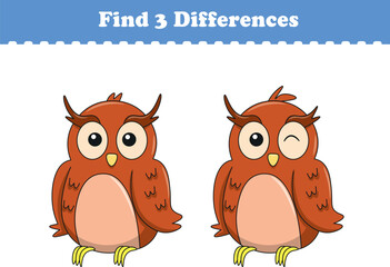 Education game for children find three differences between two owls animal cartoon. Vector illustration