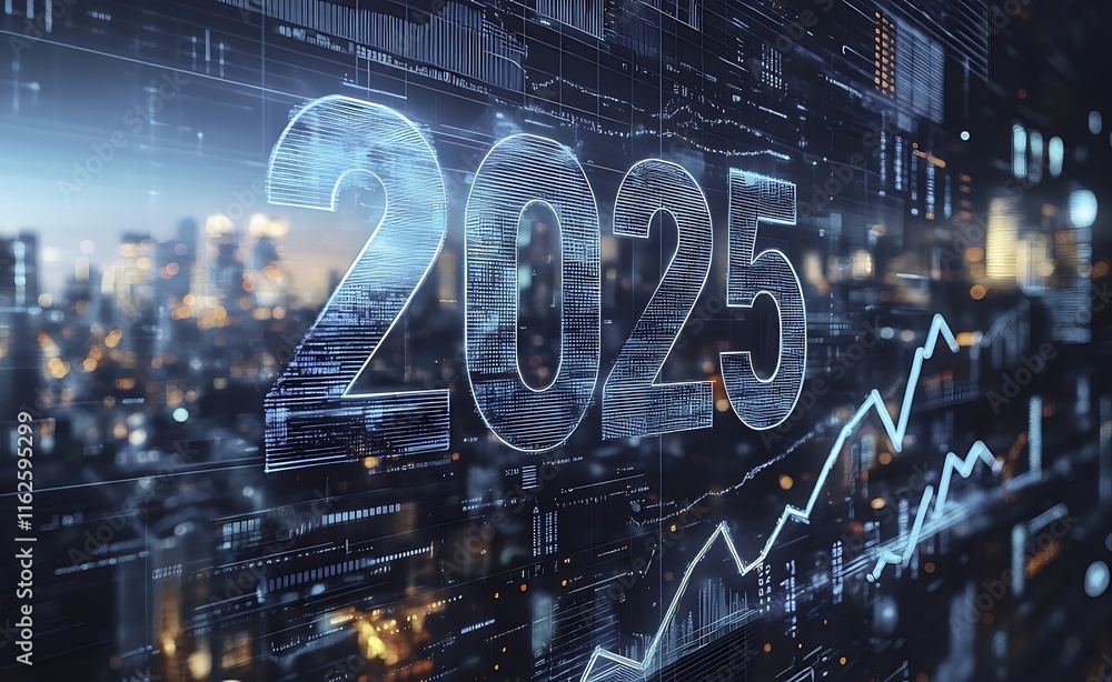 Poster futuristic 2025 digital cityscape projection with data graphs and rising charts.