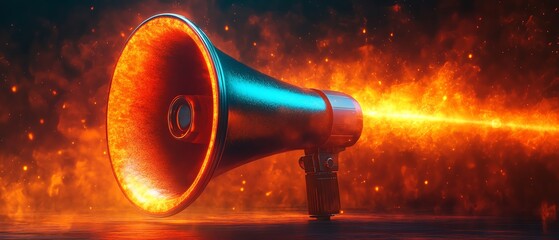 A vibrant 3D rendering of a sleek megaphone with glowing edges, framed on a bold orange background for marketing visuals