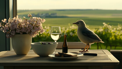 Serene outdoor scene bird on table with wine glass, flowers, and snacks, idyllic vineyard backdrop.