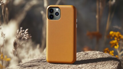A stylish brown leather phone case resting on a textured surface outdoors, surrounded by natural elements and soft lighting.