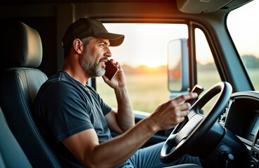 Middle-aged man drives big truck. Using smartphone driving. Looks serious. Setting truck cockpit with steering wheel. Image of pro truck driver. Man in uniform. Dangerous situation. Not focused on