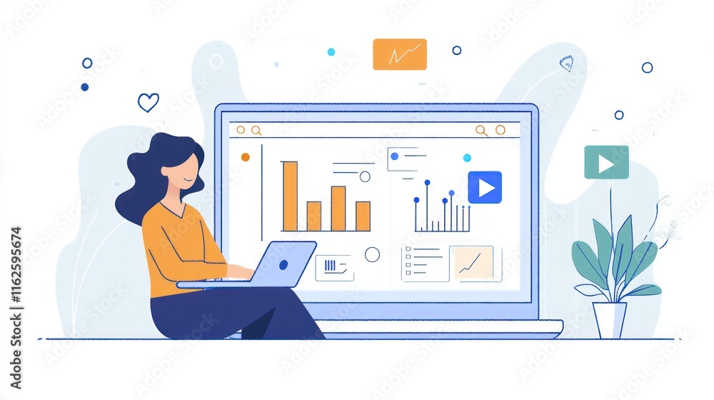 Poster woman analyzing data on laptop screen showing graphs and charts