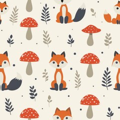 Charming seamless design with animals, autumn foliage, foxes, and mushrooms in a cozy background