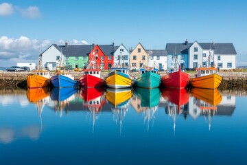 A small fishing village on Ireland west coast, with colorful boats docked by the harbor