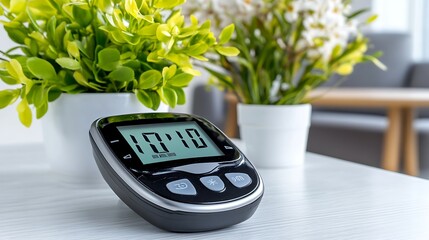 Glucose Meter Reading       on Table with Plants