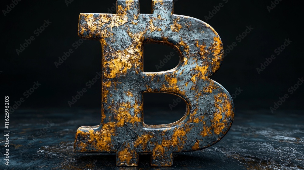 Aufkleber stunning 3D rendering presents Bitcoin symbol crafted intricate metallic textures and realistic reflections. design features dynamic lighting enhancing its depth and sophistication.