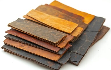 Stack of various colored leather pieces on white background.