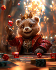 A well-dressed anthropomorphic bear wearing a red suit and a golden crown is standing at a casino table. He is enthusiastically throwing red dice, smiling widely, with a luxurious chandelier-lit backg