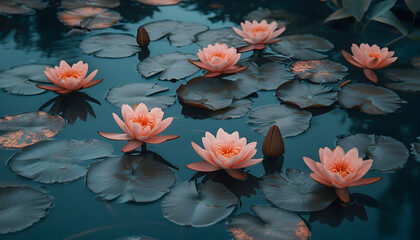 Serene water lilies blossom peacefully on a dark, still pond.  Beautiful aquatic flowers create a tranquil scene.