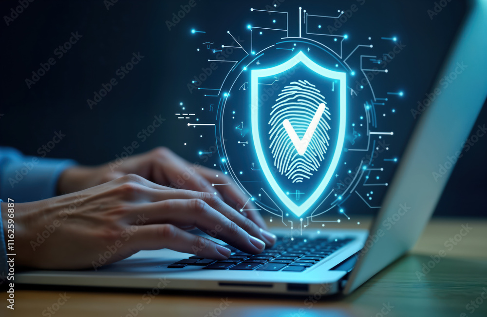 Fototapete person working on laptop secure digital environment. person typing on laptop with glowing cybersecur