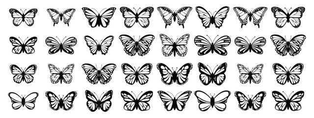 Butterfly silhouettes. Black outline butterflies tattoo graphic, tropical cute insects. Metamorphosis and spring symbols isolated vector set for wedding card design. Various forms of moths