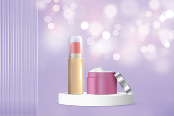 Glamoruous Beauty Products Podium Displayed With Bokeh Effects On Purple Background. Aesthetic Feminine Glam Sale Design Vector Illustration For E-commerce, Moble, Web, Landing Page, Etc.