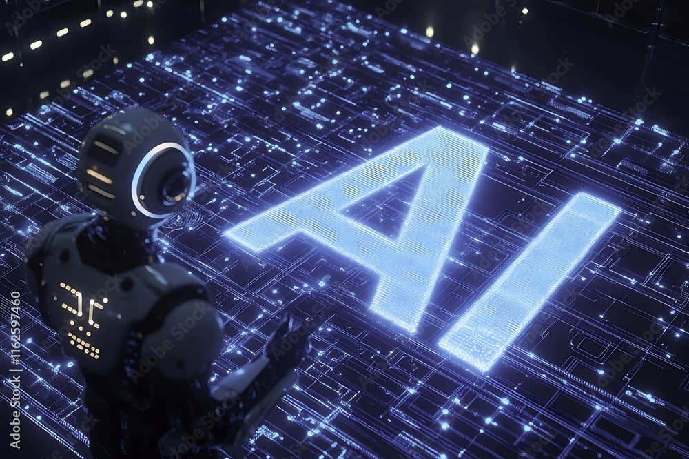 Poster robot presenting glowing ai text on digital circuit board.
