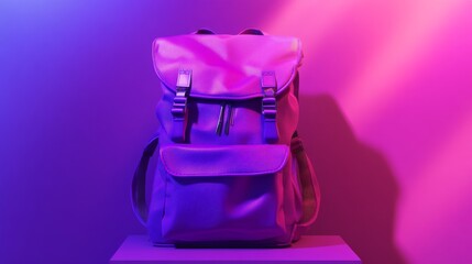 Violet backpack set against a bright, vibrant background featuring ai-enhanced design for fashion and travel themes