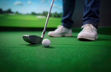 Man prepares to hit golf ball on indoor golf simulator. Virtual golf course view visible on screen. Man in casual wear stands ready for shot. Golf club, white golf ball positioned on artificial
