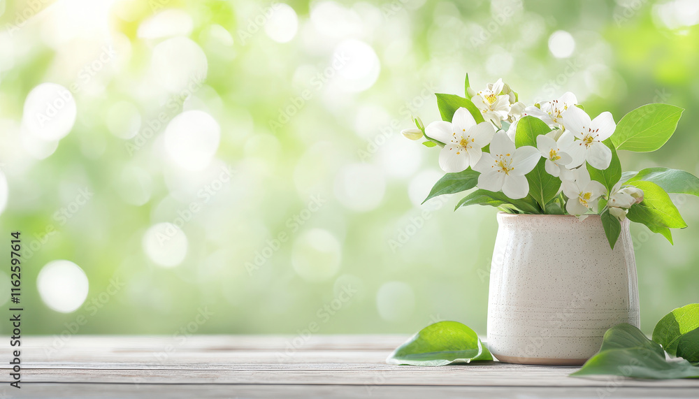 Poster fresh spring flowers in rustic vase, brightening up serene setting. soft bokeh background enhances p