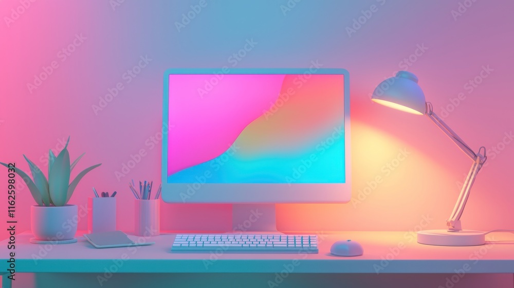 Poster stylish desk setup with computer and lamp