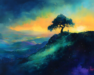 Serene sunset landscape painting; lone figure contemplates vast valley vista from hilltop, beneath majestic tree.