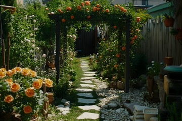 Serene garden path with stone steps, lush greenery, and vibrant orange roses arching overhead, creating a tranquil and inviting atmosphere.