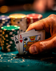 A hand holding playing cards with poker chips in the background