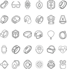 Wearable Technology Icons Smartwatches, Fitness Trackers, VR Headsets