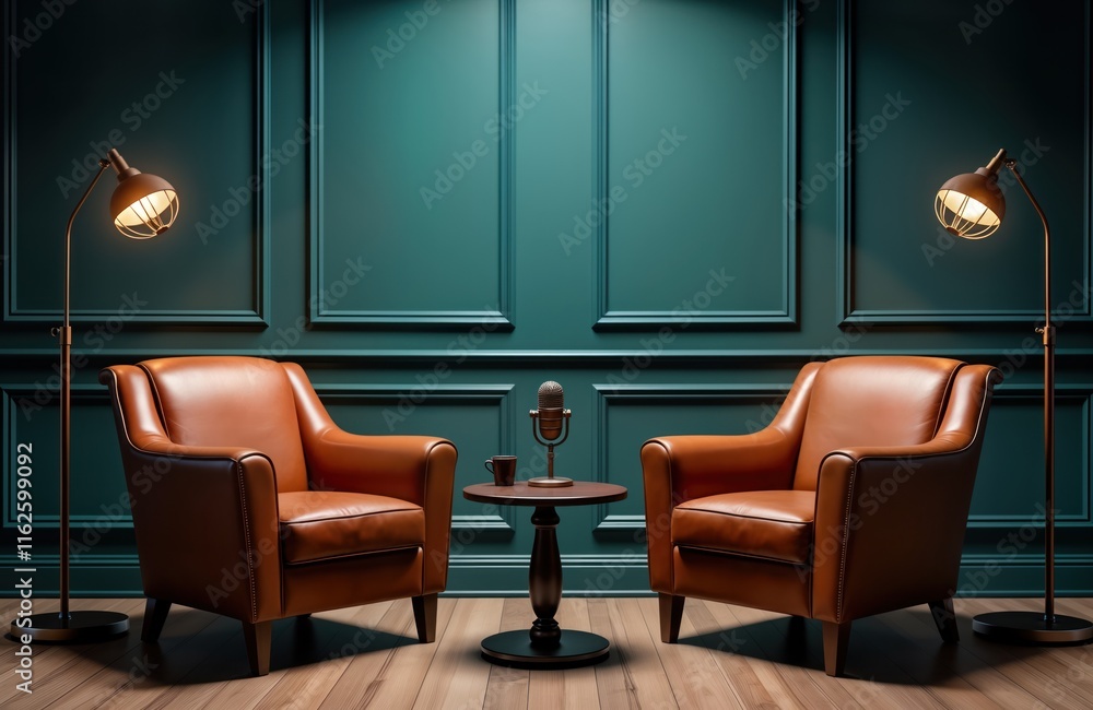 Poster stylish podcast interview room setup. two comfortable leather armchairs face near small dark table w