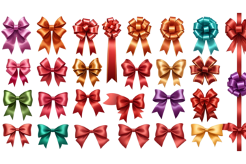 Collection set of many colorful satin gift ribbons and bows isolated on transparent background