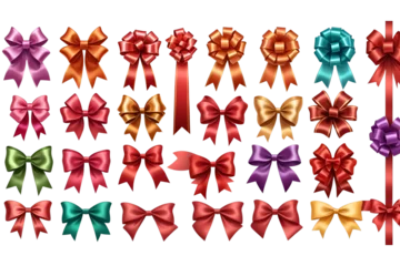 Collection set of many colorful satin gift ribbons and bows isolated on transparent background © Akhlaq