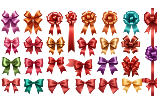 Collection set of many colorful satin gift ribbons and bows isolated on transparent background