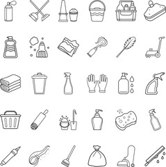 Cleaning supplies icons buckets, sprays, brushes, mops, and tools